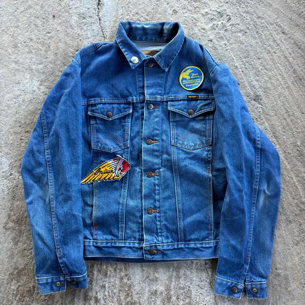 Wrangler Denim Trucker Jacket Native Patch Blue Western Workwear Americana Large